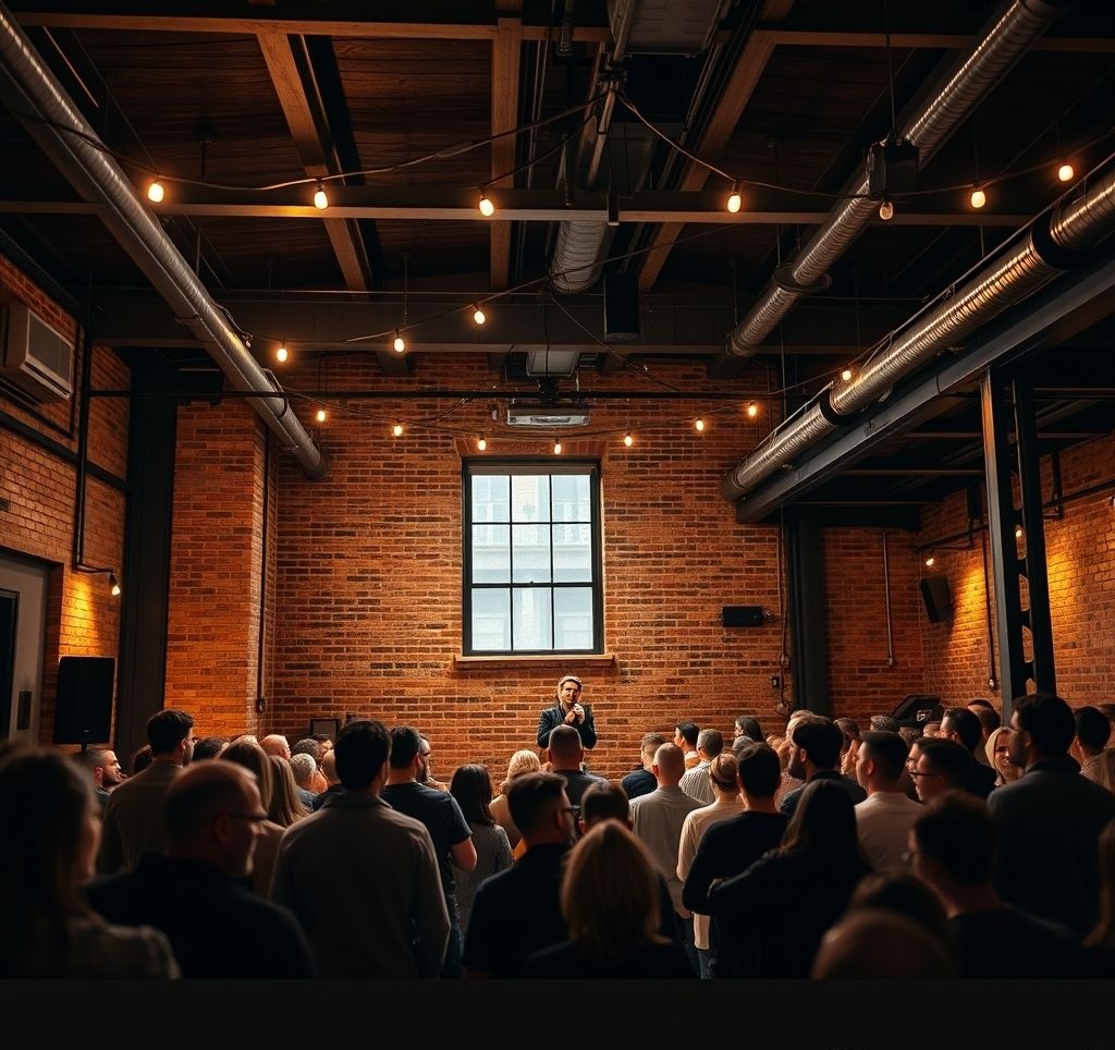 Comedy show in a renovated warehouse space with industrial lighting