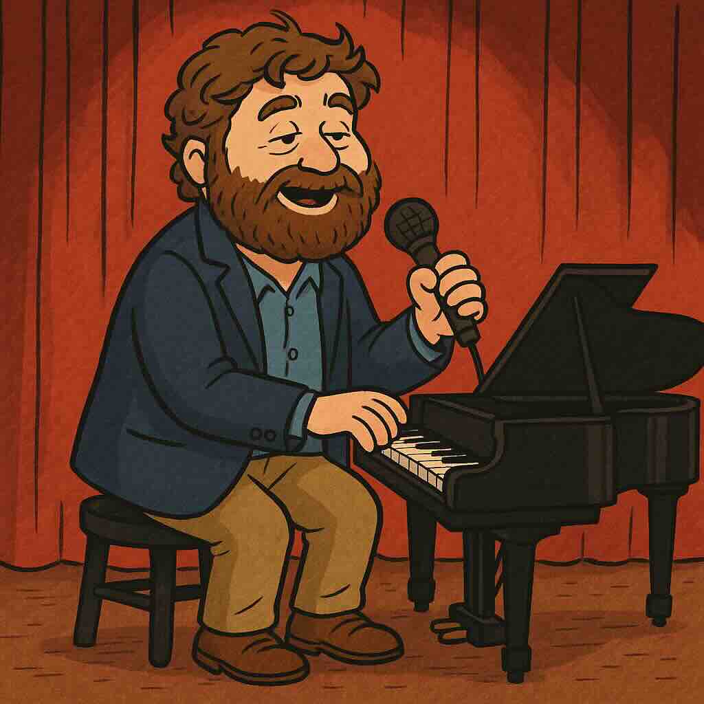 Zach Galifianakis performing stand-up comedy with a piano